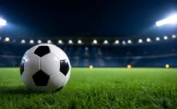 ナイター照明のスタジアムに置かれたサッカーボール