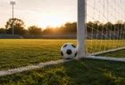 夕方の光の中、ゴールライン際に置かれたサッカーボールとゴールネット