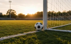 夕方の光の中、ゴールライン際に置かれたサッカーボールとゴールネット