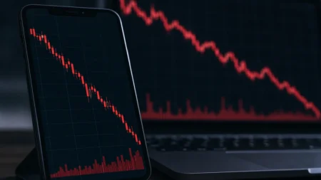 株価チャートが下落する画面のクローズアップイメージ