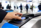 駅の改札でスマートフォンをICカードリーダーにかざすイメージ