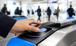 駅の改札でスマートフォンをICカードリーダーにかざすイメージ