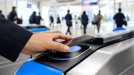 駅の改札でスマートフォンをICカードリーダーにかざすイメージ