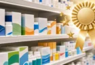 薬局の棚に並ぶ市販薬パッケージと金色の記念リボン