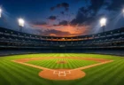 夜のナイター照明に照らされた無人の野球スタジアムとダイヤモンド