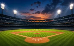 夜のナイター照明に照らされた無人の野球スタジアムとダイヤモンド