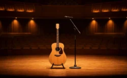暖色のスポットライトに照らされたコンサートホールのステージと木製のアコースティックギター