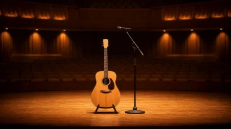 暖色のスポットライトに照らされたコンサートホールのステージと木製のアコースティックギター