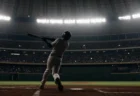 ナイター照明に照らされた野球ドーム球場の内観