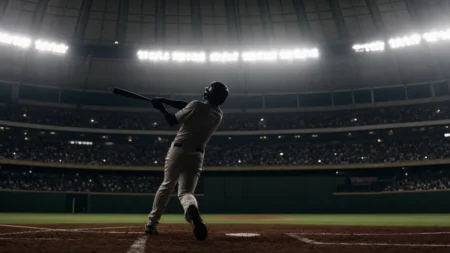 ナイター照明に照らされた野球ドーム球場の内観