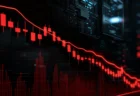 右肩下がりの株価チャートを示す赤いローソク足グラフのイメージ