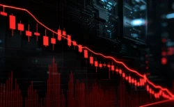 右肩下がりの株価チャートを示す赤いローソク足グラフのイメージ
