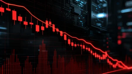 右肩下がりの株価チャートを示す赤いローソク足グラフのイメージ