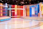 テレビ番組のスタジオセットと照明、明るく華やかなステージの情景