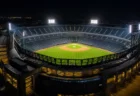 照明に照らされた夜のプロ野球スタジアムの外観、無人のスタンドとグラウンド
