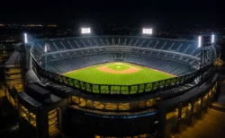 照明に照らされた夜のプロ野球スタジアムの外観、無人のスタンドとグラウンド
