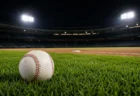 ナイター照明に照らされた野球スタジアムと白球