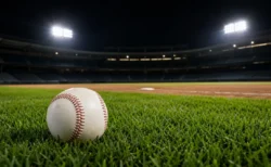 ナイター照明に照らされた野球スタジアムと白球