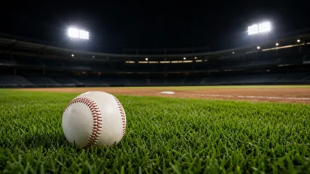 ナイター照明に照らされた野球スタジアムと白球