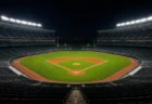 照明に照らされたナイターの野球スタジアム全景