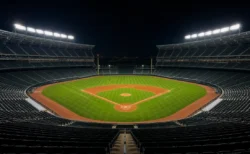 照明に照らされたナイターの野球スタジアム全景