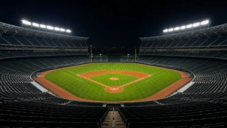 照明に照らされたナイターの野球スタジアム全景