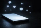 暗闇の中でスマートフォンの画面が光り、SNSの通知アイコンが浮かぶイメージ