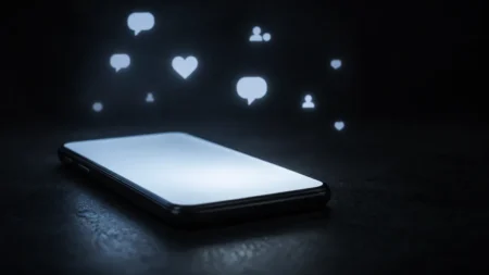 暗闇の中でスマートフォンの画面が光り、SNSの通知アイコンが浮かぶイメージ