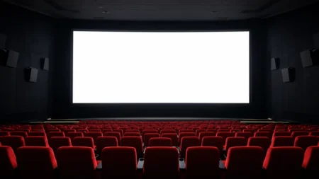 誰もいない映画館の客席と光るスクリーン