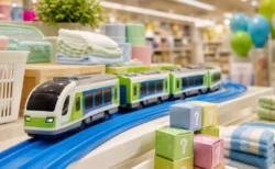 緑と青の車両が走る玩具の線路とタオル、収納用品