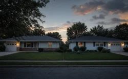 夕暮れのアメリカ郊外に並ぶ隣り合う2軒の住宅