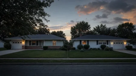 夕暮れのアメリカ郊外に並ぶ隣り合う2軒の住宅