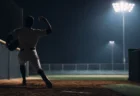 ナイター照明に照らされたブルペンで投球フォームに入る投手の後ろ姿シルエット