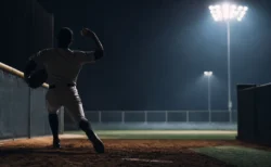 ナイター照明に照らされたブルペンで投球フォームに入る投手の後ろ姿シルエット
