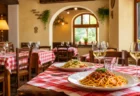 赤白チェックのテーブルクロスにパスタとワインが並ぶイタリアンレストランの店内