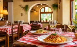 赤白チェックのテーブルクロスにパスタとワインが並ぶイタリアンレストランの店内
