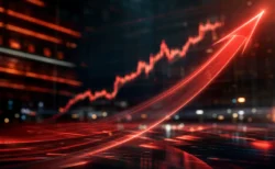 株価の急上昇を示す赤い光の上昇矢印と株価チャートの抽象イメージ
