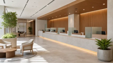 銀行の窓口カウンターと落ち着いた雰囲気のロビーを写した写実的な情景