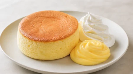 スフレパンケーキにホイップクリームとカスタードクリームを添えた新作スイーツのイメージ