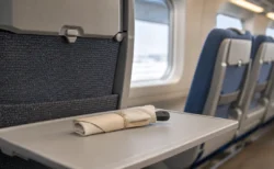 新幹線車内の座席とテーブルに、布と紙で安全に梱包された刃物が置かれている情景