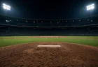ナイター照明に照らされた無人の球場マウンドと投手板