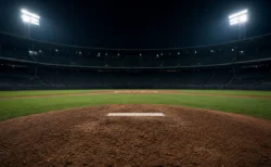ナイター照明に照らされた無人の球場マウンドと投手板