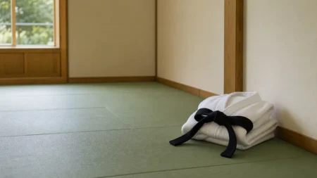 柔道場の畳の上に静かに置かれた柔道着と黒帯、しめやかな室内の情景