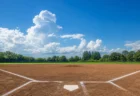 夏の高校野球を思わせる、青空の下に広がる土のグラウンドと球場スタンド