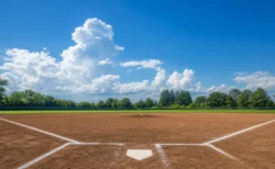 夏の高校野球を思わせる、青空の下に広がる土のグラウンドと球場スタンド