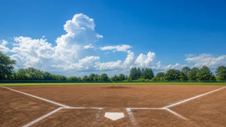 夏の高校野球を思わせる、青空の下に広がる土のグラウンドと球場スタンド