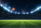 夜のナイター照明に照らされた無人のサッカースタジアムとピッチ