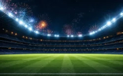 夜のナイター照明に照らされた無人のサッカースタジアムとピッチ