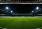 夜のサッカースタジアム、ゴールネット越しに見えるピッチ全景
