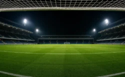 夜のサッカースタジアム、ゴールネット越しに見えるピッチ全景